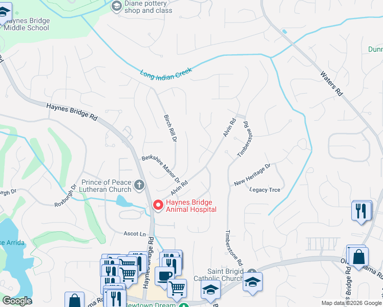 map of restaurants, bars, coffee shops, grocery stores, and more near 3240 Old Evergreen Way in Alpharetta
