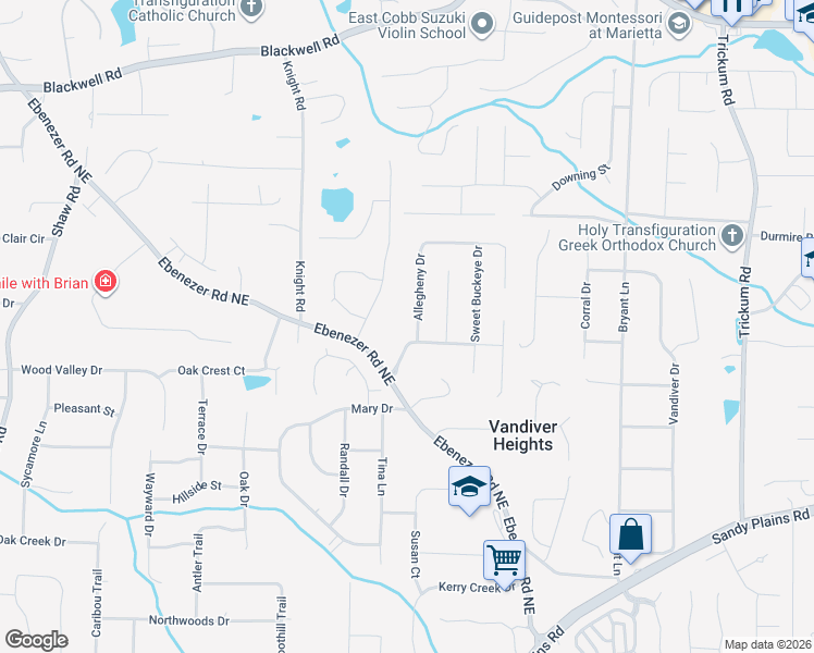 map of restaurants, bars, coffee shops, grocery stores, and more near 3253 Allegheny Drive in Marietta