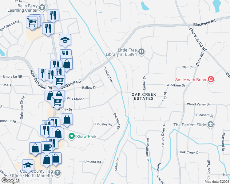 map of restaurants, bars, coffee shops, grocery stores, and more near 3340 Sanford Drive in Marietta