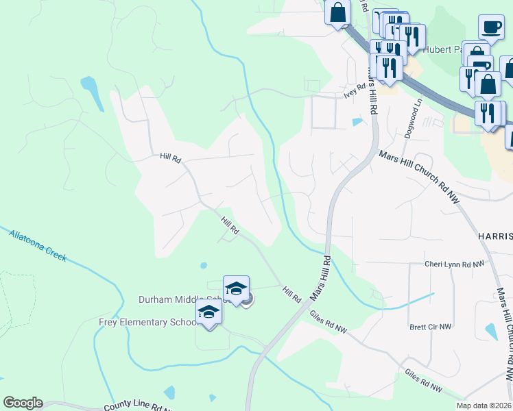 map of restaurants, bars, coffee shops, grocery stores, and more near 3211 Aviary Court Northwest in Acworth