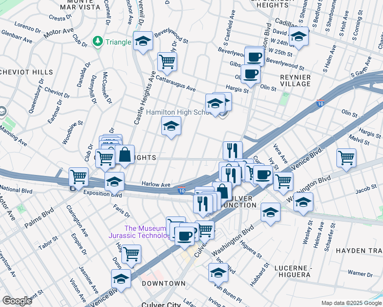 map of restaurants, bars, coffee shops, grocery stores, and more near 3144 South Canfield Avenue in Los Angeles