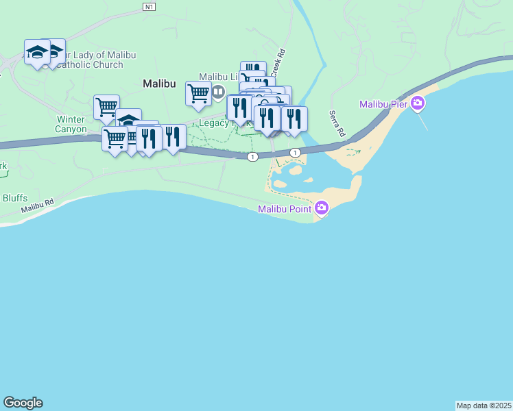 map of restaurants, bars, coffee shops, grocery stores, and more near 23456 Malibu Colony Road in Malibu