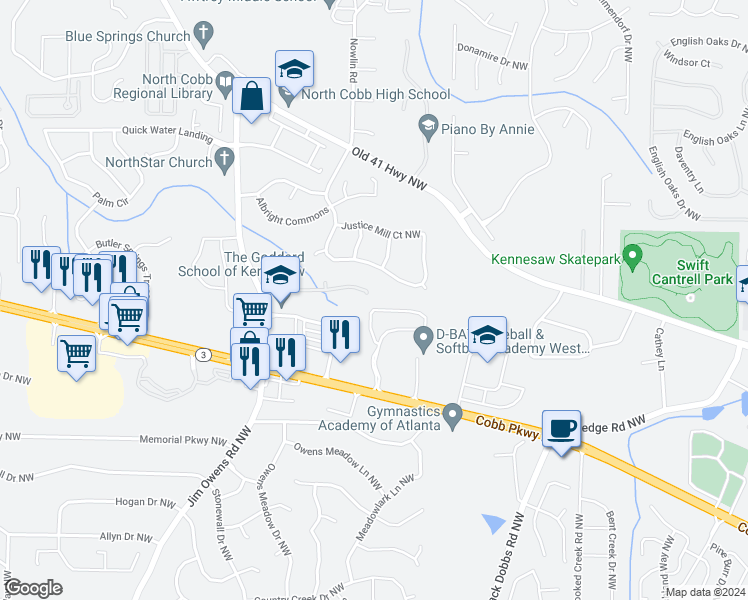 map of restaurants, bars, coffee shops, grocery stores, and more near 3301 Freedom Landing Northwest in Kennesaw
