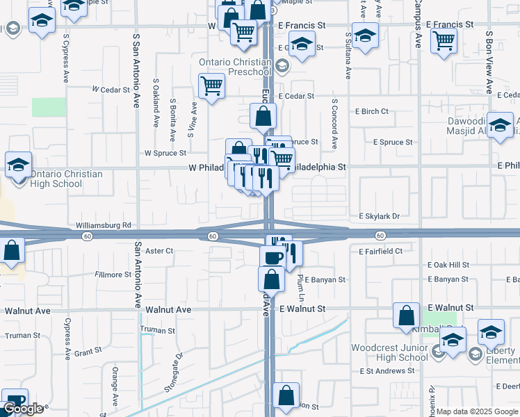 map of restaurants, bars, coffee shops, grocery stores, and more near 2343 South Via Veranda in Ontario