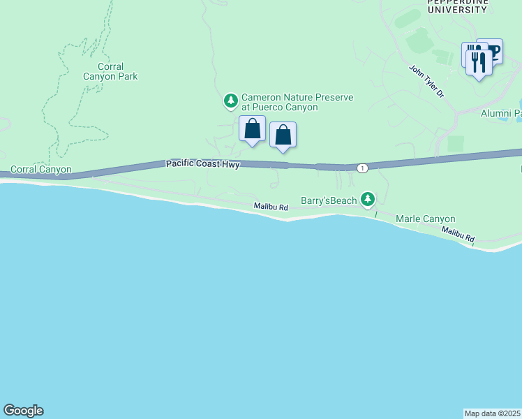 map of restaurants, bars, coffee shops, grocery stores, and more near 25036 Malibu Road in Malibu