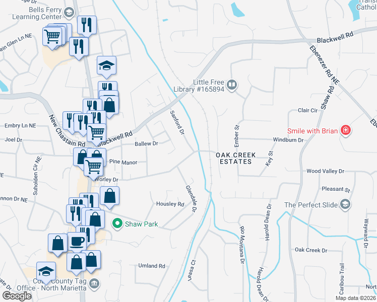 map of restaurants, bars, coffee shops, grocery stores, and more near 3340 Sanford Drive in Marietta