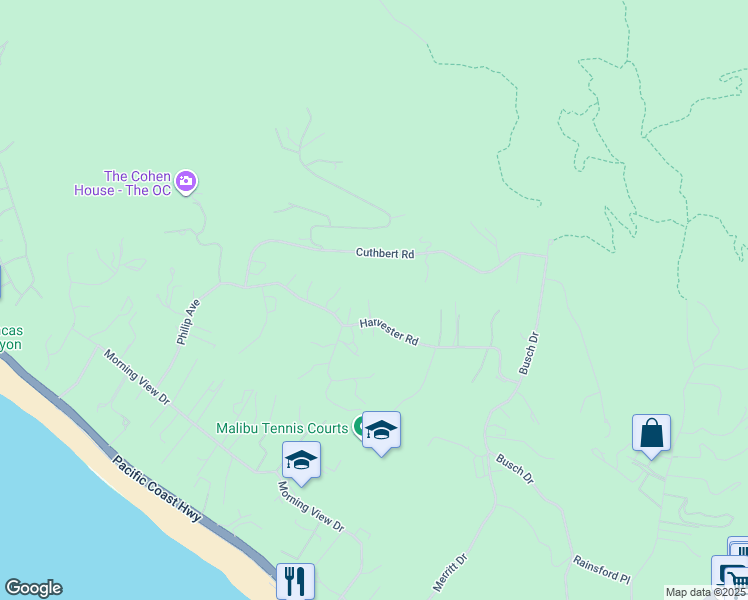 map of restaurants, bars, coffee shops, grocery stores, and more near 29943 Harvester Road in Malibu