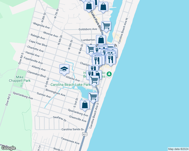 map of restaurants, bars, coffee shops, grocery stores, and more near 108 South Lake Park Boulevard in Carolina Beach