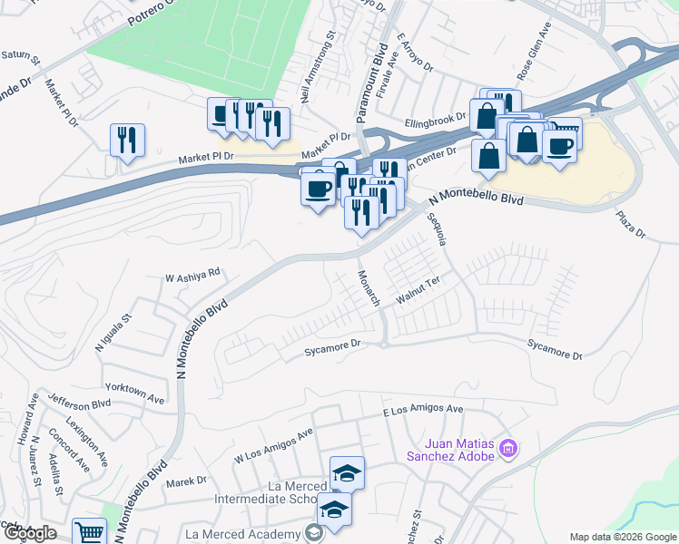 map of restaurants, bars, coffee shops, grocery stores, and more near 1444-1508 N Montebello Blvd in Montebello
