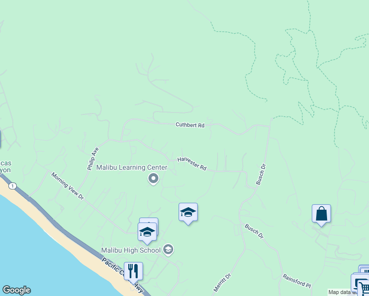 map of restaurants, bars, coffee shops, grocery stores, and more near 29943 Harvester Road in Malibu
