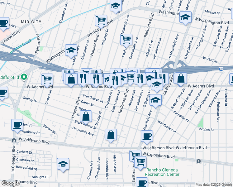 map of restaurants, bars, coffee shops, grocery stores, and more near 2627 Cloverdale Avenue in Los Angeles