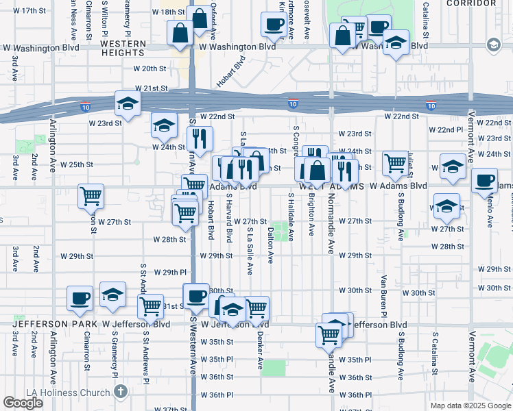 map of restaurants, bars, coffee shops, grocery stores, and more near 2630 La Salle Avenue in Los Angeles