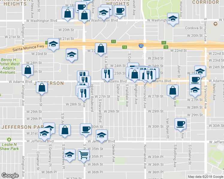 map of restaurants, bars, coffee shops, grocery stores, and more near 2630 South La Salle Avenue in Los Angeles
