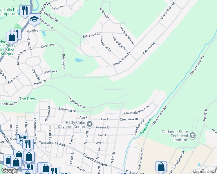 map of restaurants, bars, coffee shops, grocery stores, and more near 259 Overlook Drive in Gadsden