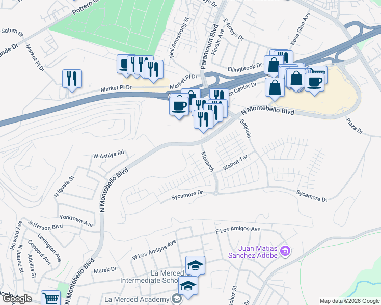 map of restaurants, bars, coffee shops, grocery stores, and more near 2038 Hollyleaf Terrace in Montebello