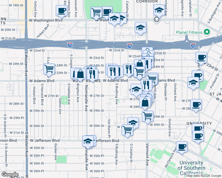 map of restaurants, bars, coffee shops, grocery stores, and more near 2628 Van Buren Place in Los Angeles