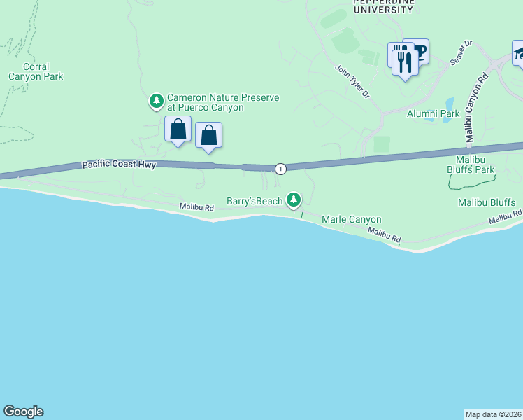 map of restaurants, bars, coffee shops, grocery stores, and more near 24826 Malibu Road in Malibu