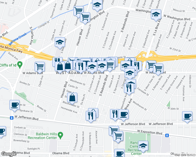 map of restaurants, bars, coffee shops, grocery stores, and more near 2627 Cloverdale Avenue in Los Angeles