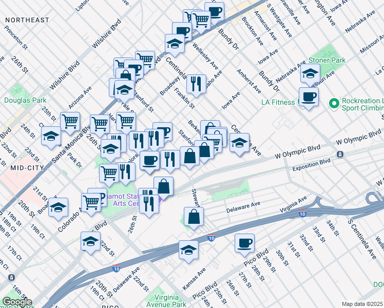 map of restaurants, bars, coffee shops, grocery stores, and more near 1724 Stanford Street in Santa Monica