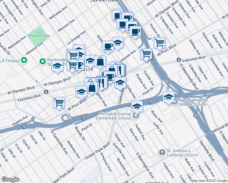 map of restaurants, bars, coffee shops, grocery stores, and more near Federal Avenue in Los Angeles County