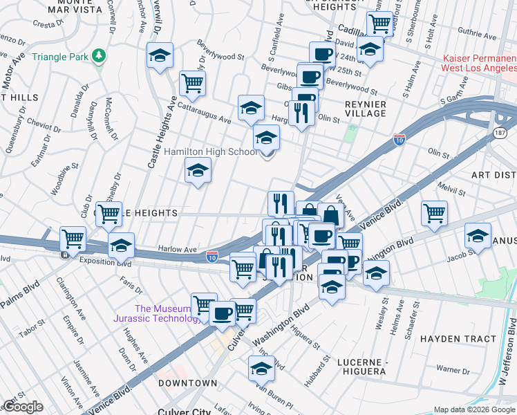 map of restaurants, bars, coffee shops, grocery stores, and more near 3119 Livonia Avenue in Los Angeles