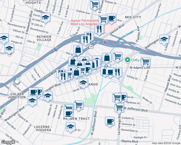 map of restaurants, bars, coffee shops, grocery stores, and more near 6023 Washington Boulevard in Culver City