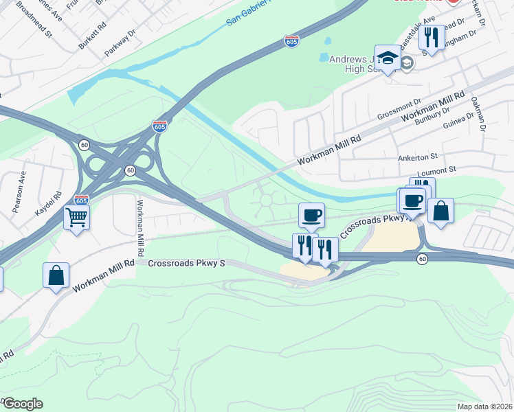 map of restaurants, bars, coffee shops, grocery stores, and more near 13010 Camino Del Rey in Whittier