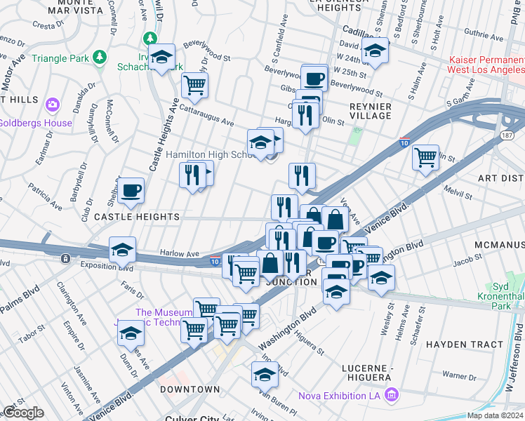 map of restaurants, bars, coffee shops, grocery stores, and more near 3131 Livonia Avenue in Los Angeles