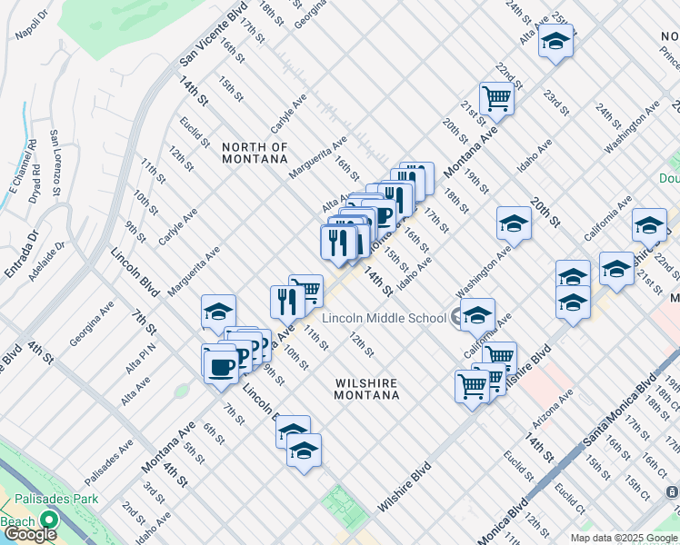 map of restaurants, bars, coffee shops, grocery stores, and more near in Santa Monica