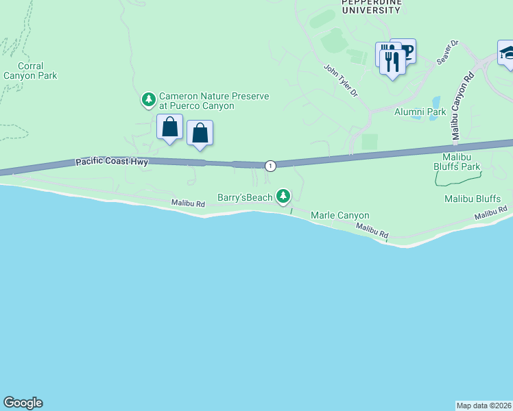 map of restaurants, bars, coffee shops, grocery stores, and more near 24818 Malibu Road in Malibu