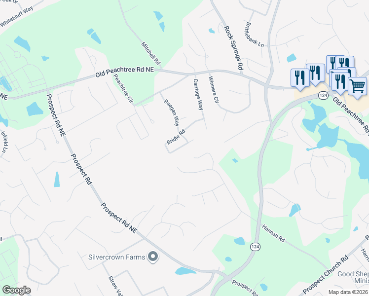 map of restaurants, bars, coffee shops, grocery stores, and more near 1718 Bridle Road in Lawrenceville