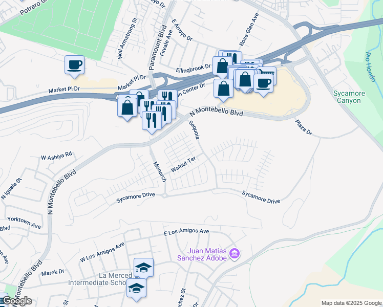 map of restaurants, bars, coffee shops, grocery stores, and more near 638 Snowberry Place in Montebello