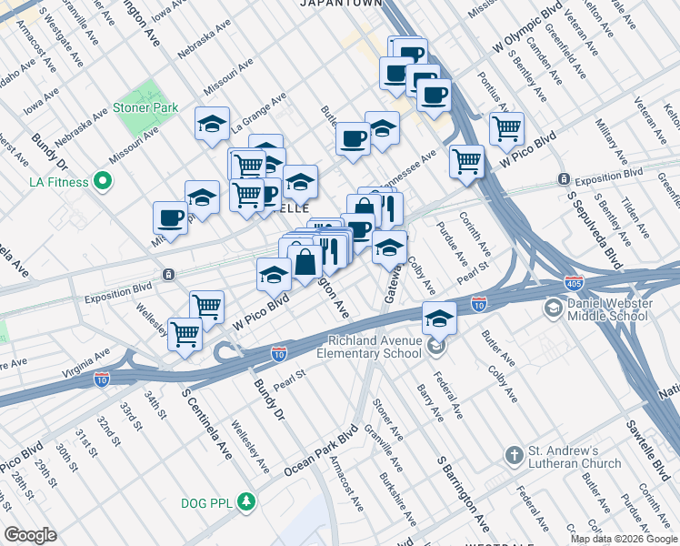 map of restaurants, bars, coffee shops, grocery stores, and more near 11646 West Pico Boulevard in Los Angeles