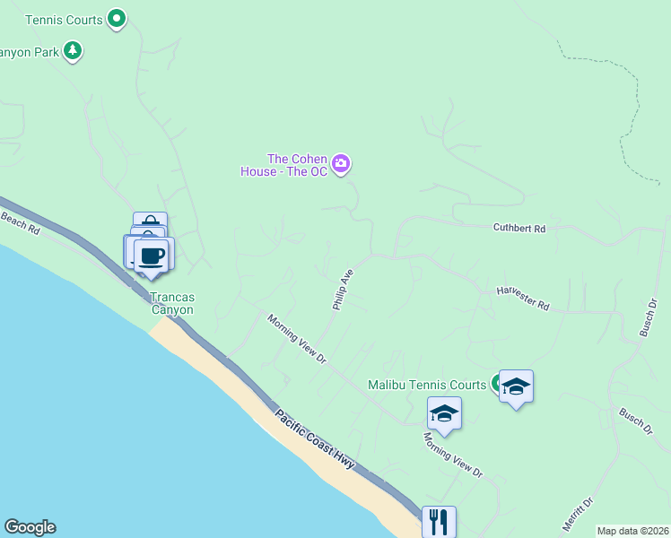 map of restaurants, bars, coffee shops, grocery stores, and more near 5909 Philip Avenue in Malibu
