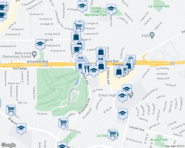 map of restaurants, bars, coffee shops, grocery stores, and more near 2809 Via Campo in Montebello