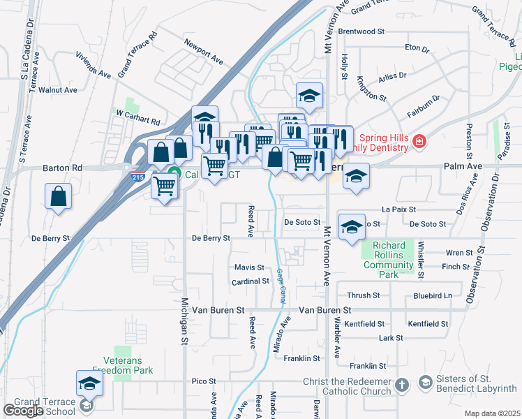 map of restaurants, bars, coffee shops, grocery stores, and more near 22350 Blue Lupine Circle in Grand Terrace