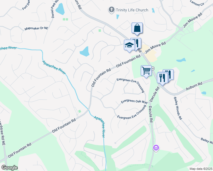 map of restaurants, bars, coffee shops, grocery stores, and more near 1233 Laurel Mist Court in Dacula