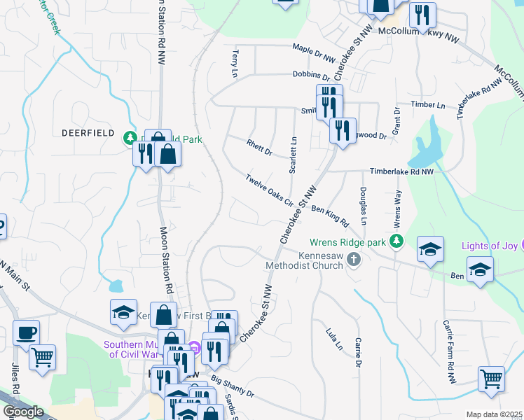 map of restaurants, bars, coffee shops, grocery stores, and more near 2024 Jebs Court in Kennesaw