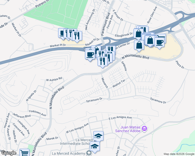 map of restaurants, bars, coffee shops, grocery stores, and more near 2058 Hollyleaf Terrace in Montebello
