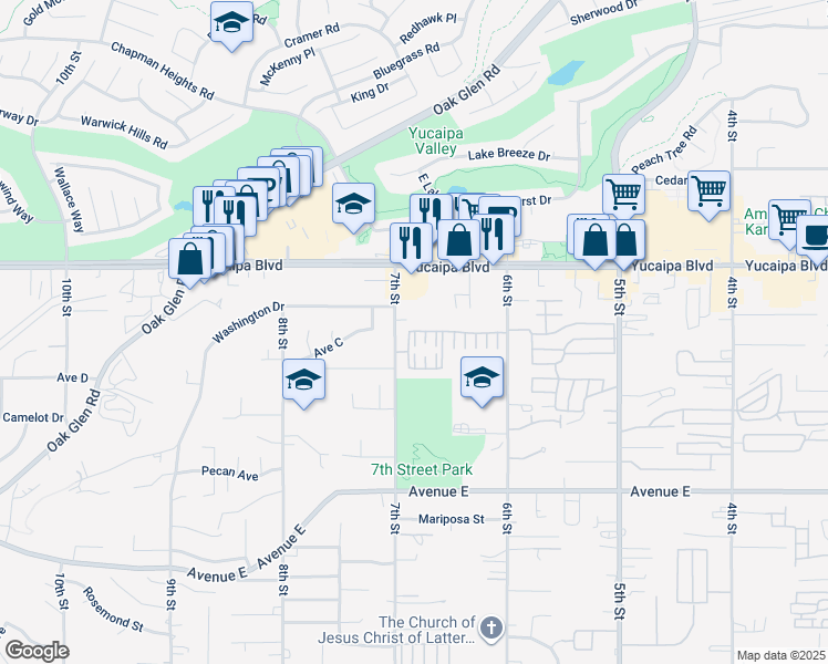 map of restaurants, bars, coffee shops, grocery stores, and more near 34075 Lily Road in Yucaipa