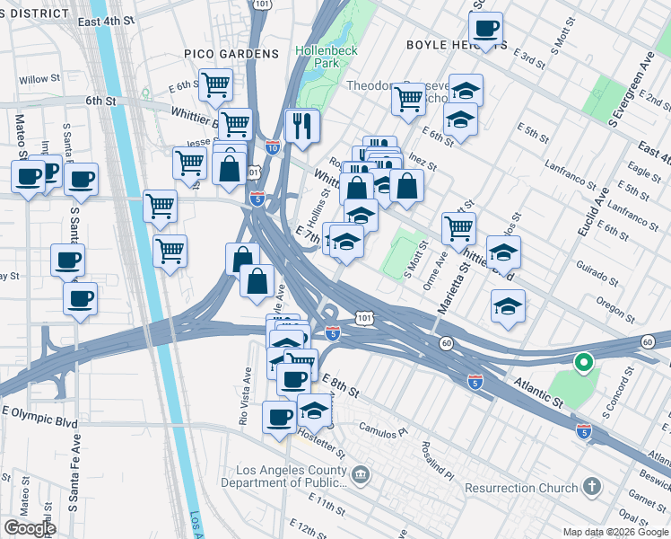 map of restaurants, bars, coffee shops, grocery stores, and more near 1021 South Soto Street in Los Angeles