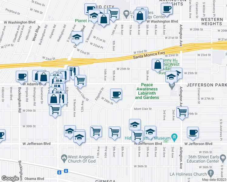 map of restaurants, bars, coffee shops, grocery stores, and more near 3903 West 27th Street in Los Angeles