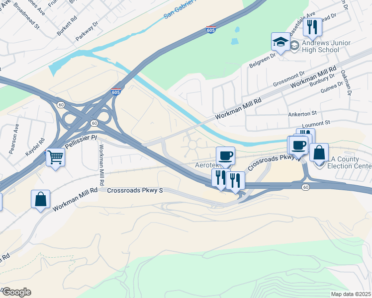 map of restaurants, bars, coffee shops, grocery stores, and more near 13010 Camino Del Rey in Whittier