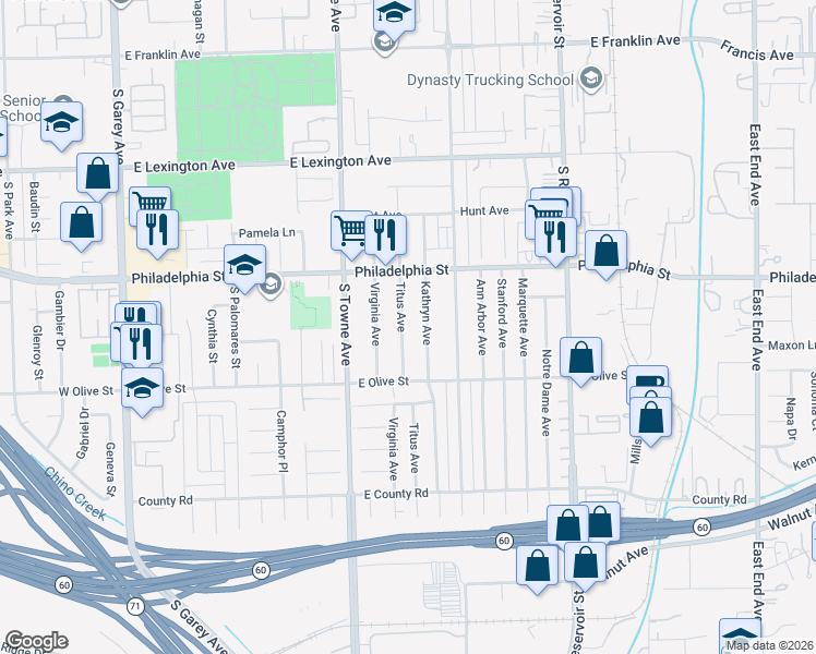 map of restaurants, bars, coffee shops, grocery stores, and more near 2204 Titus Avenue in Pomona