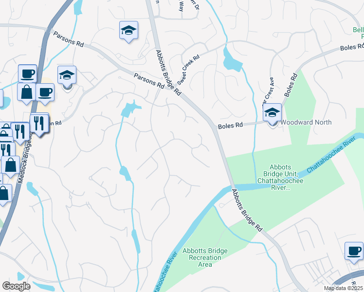 map of restaurants, bars, coffee shops, grocery stores, and more near 1409 Spyglass Hill Drive in Duluth