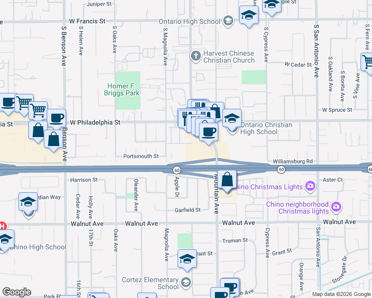 map of restaurants, bars, coffee shops, grocery stores, and more near 2321 South Magnolia Avenue in Ontario