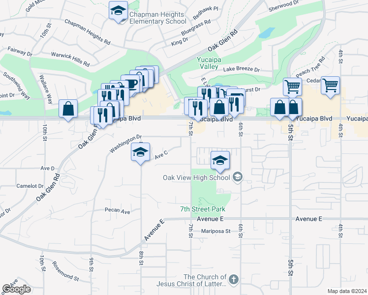 map of restaurants, bars, coffee shops, grocery stores, and more near 12225 Cypress Street in Yucaipa