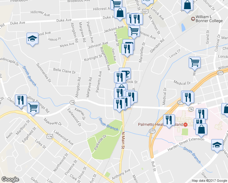 map of restaurants, bars, coffee shops, grocery stores, and more near 3426 Elmhurst Road in Columbia