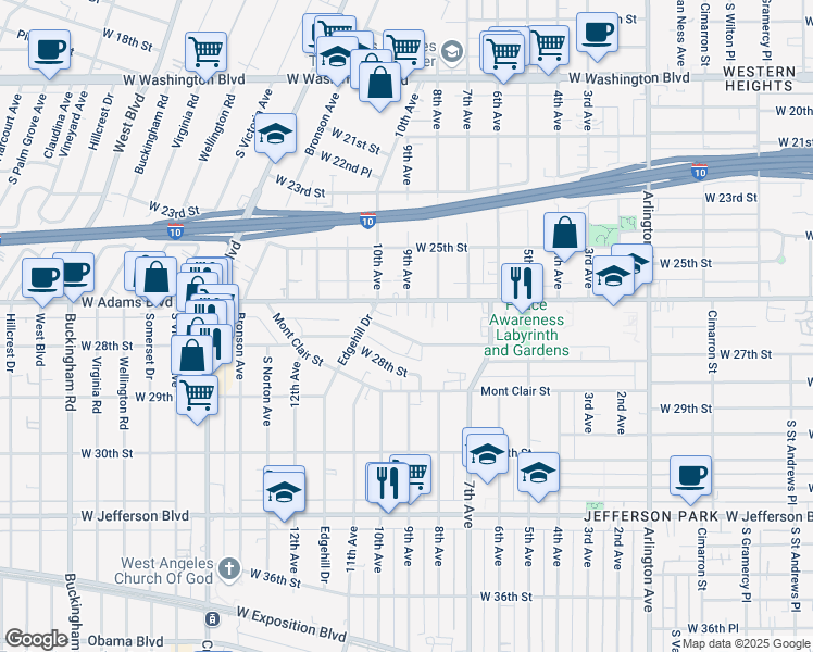 map of restaurants, bars, coffee shops, grocery stores, and more near 3908 West Adams Boulevard in Los Angeles