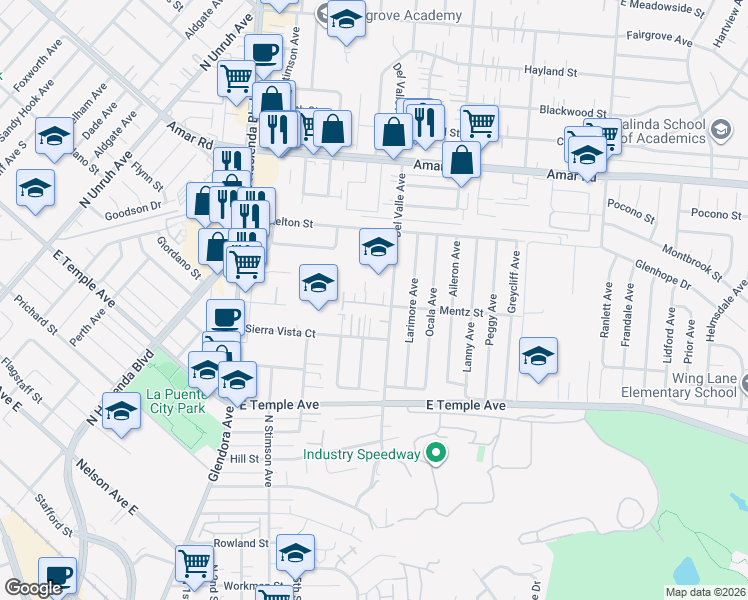 map of restaurants, bars, coffee shops, grocery stores, and more near 747 Del Valle Avenue in La Puente